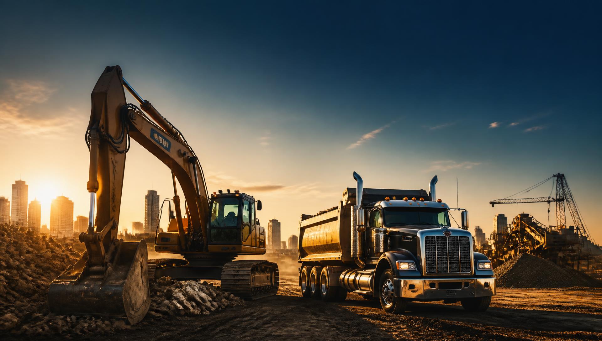 Excavator and dump truck on a job site at sunset